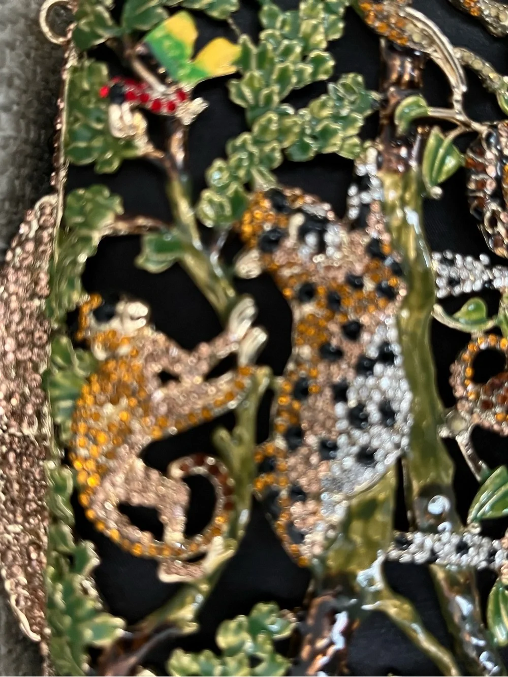 Gold-Tone Floral Embellished Clutch and attachments in Black & Green
